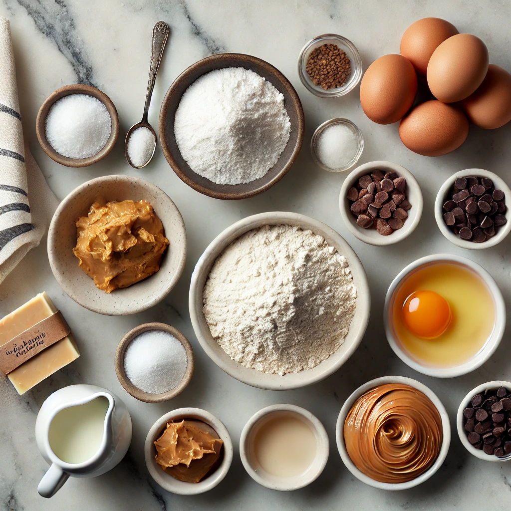 DALL·E 2024-09-09 13.13.08 - A top-down view of baking ingredients on a marble surface, arranged neatly and labeled clearly. Include_ a small bowl of salt, a large bowl of flour,