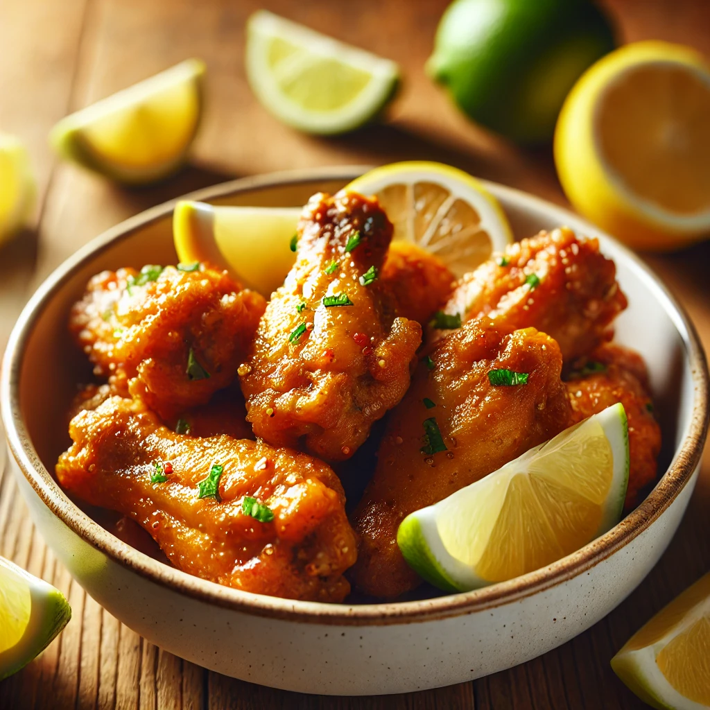 DALL·E 2024-09-11 13.27.38 - A close-up image of a dish of citrus tajin chicken wings in a white bowl on a wooden surface. The chicken wings are golden brown, crispy, and coated i