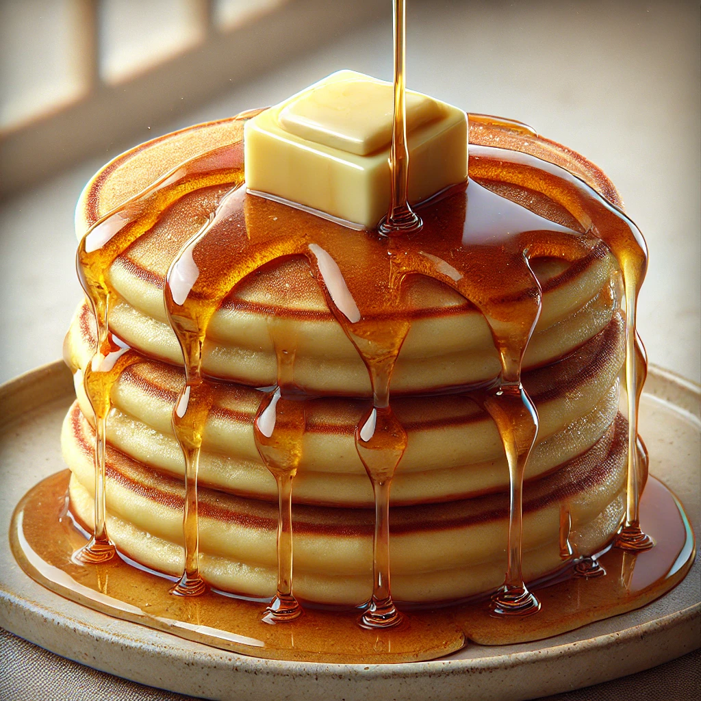 DALL·E 2024-09-12 14.53.42 - A realistic image of a stack of fluffy pancakes with golden-brown edges, topped with a square of melting butter and drizzled generously with maple syr