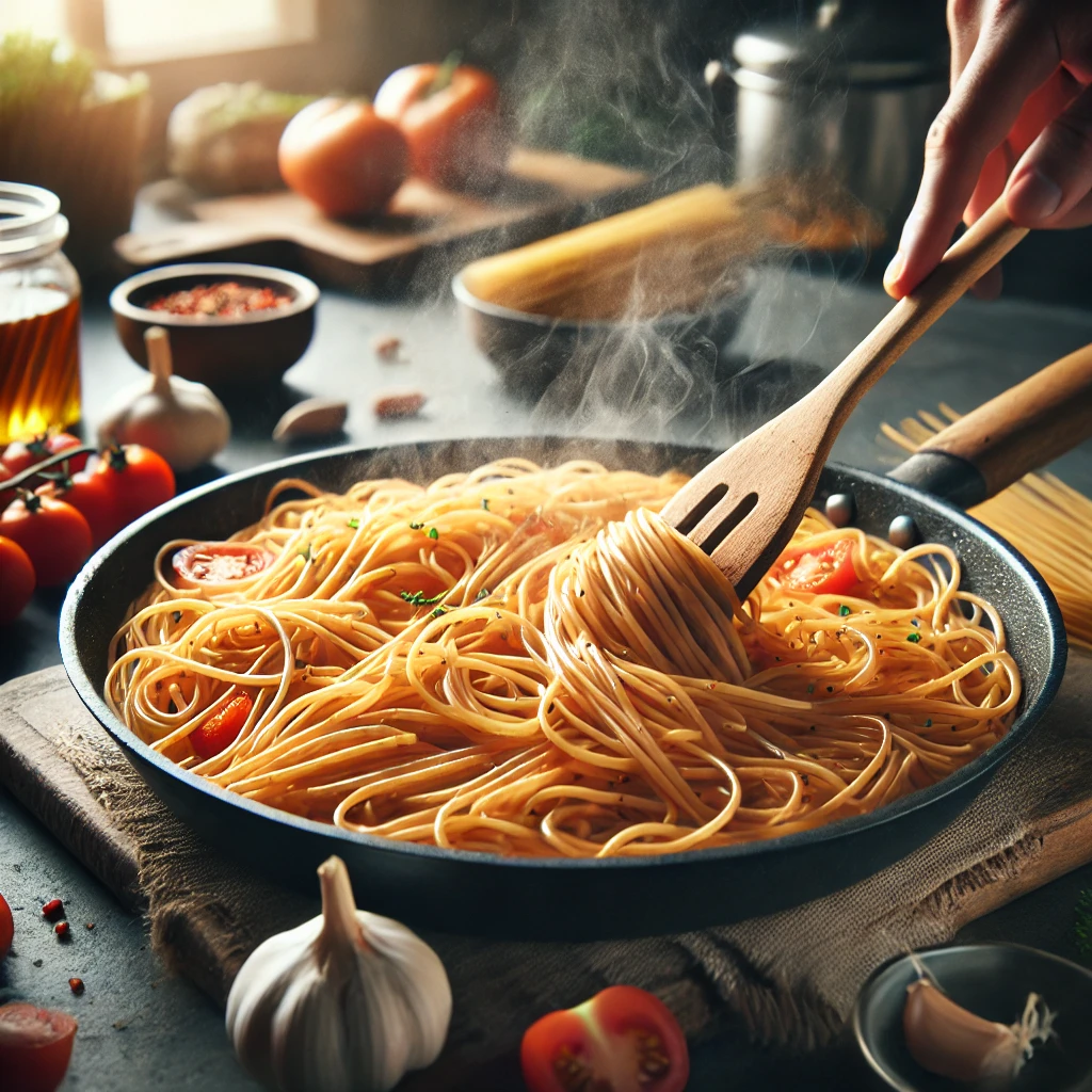 DALL·E 2024-09-15 13.50.19 - A cooking scene of Fideo pasta in a pan. The pasta is thin, short, and lightly golden brown, being sautéed in a skillet with a light tomato-based sauc