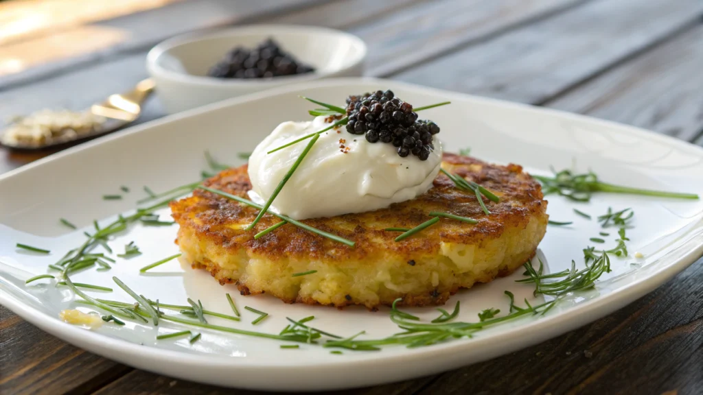 Potato Rösti with Crème Fraîche and beluga caviar 1