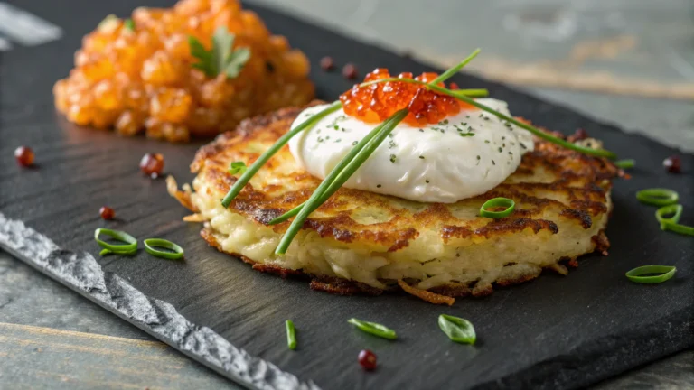 Potato Rösti with Crème Fraîche and beluga caviar