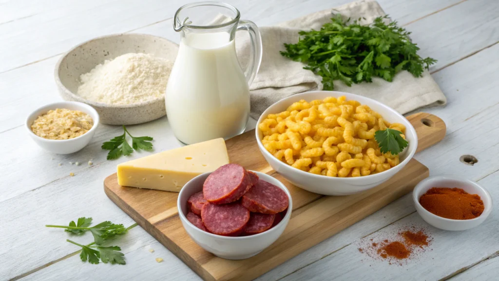 Macaroni and Cheese with Linguiça ingredients