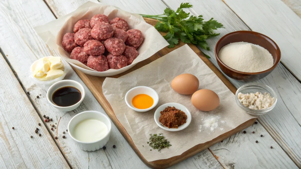 A professional food photography setup showcasing the ingredients for Swedish meatballs (köttbullar). On a rustic wooden table, arrange ground beef, pork, breadcrumbs, milk, an egg, a small onion, and spices including white pepper, allspice, and nutmeg. Include butter, beef broth, heavy cream, flour, soy sauce, and fresh parsley. Each ingredient is neatly placed in small bowls or on parchment, with white pepper prominently featured in a tiny dish. Soft natural light highlights textures, with a clean, Nordic-style background of muted whites and wood tones, emphasizing freshness and simplicity. ingredients